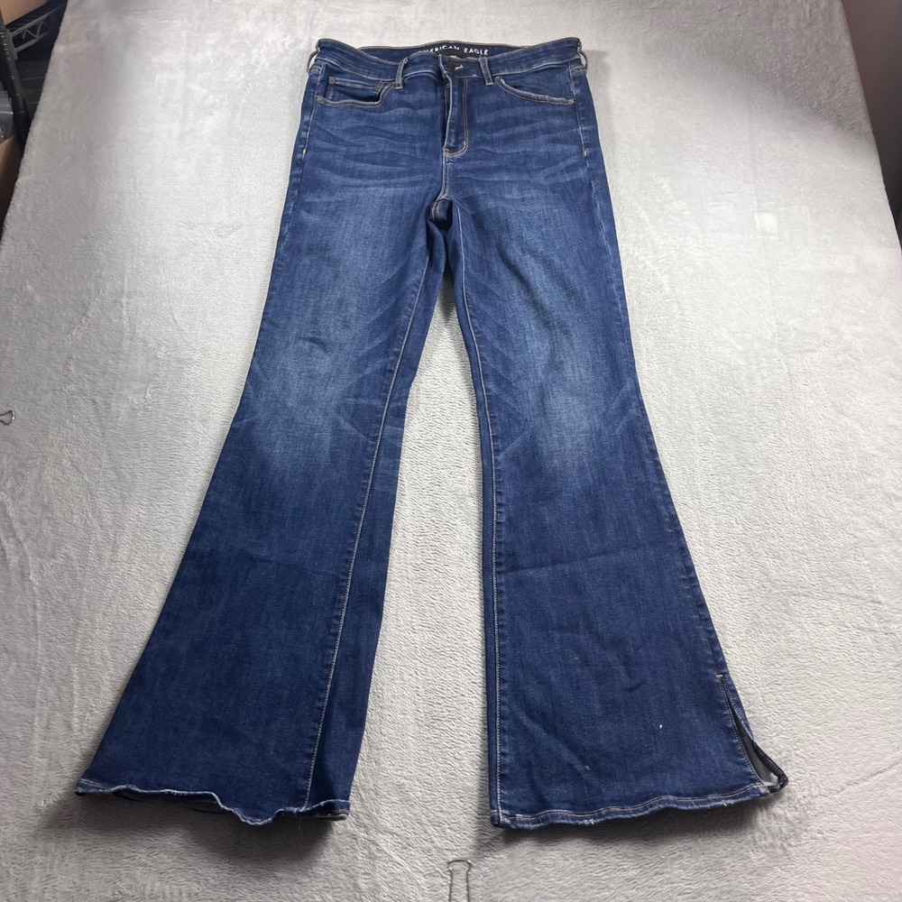 American Eagle Super Hi-Rise Flare Jeans Dark Wash Long Size 12 Side Slit Hem